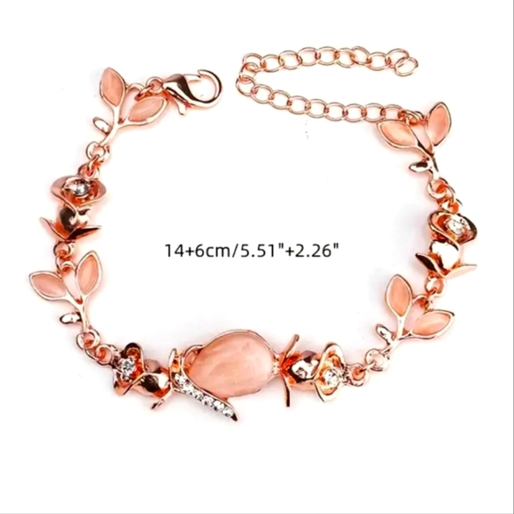 Womens or girls rose toned bracelet, leaf & flower theme, size from 5.75-7.75" - Picture 3 of 3